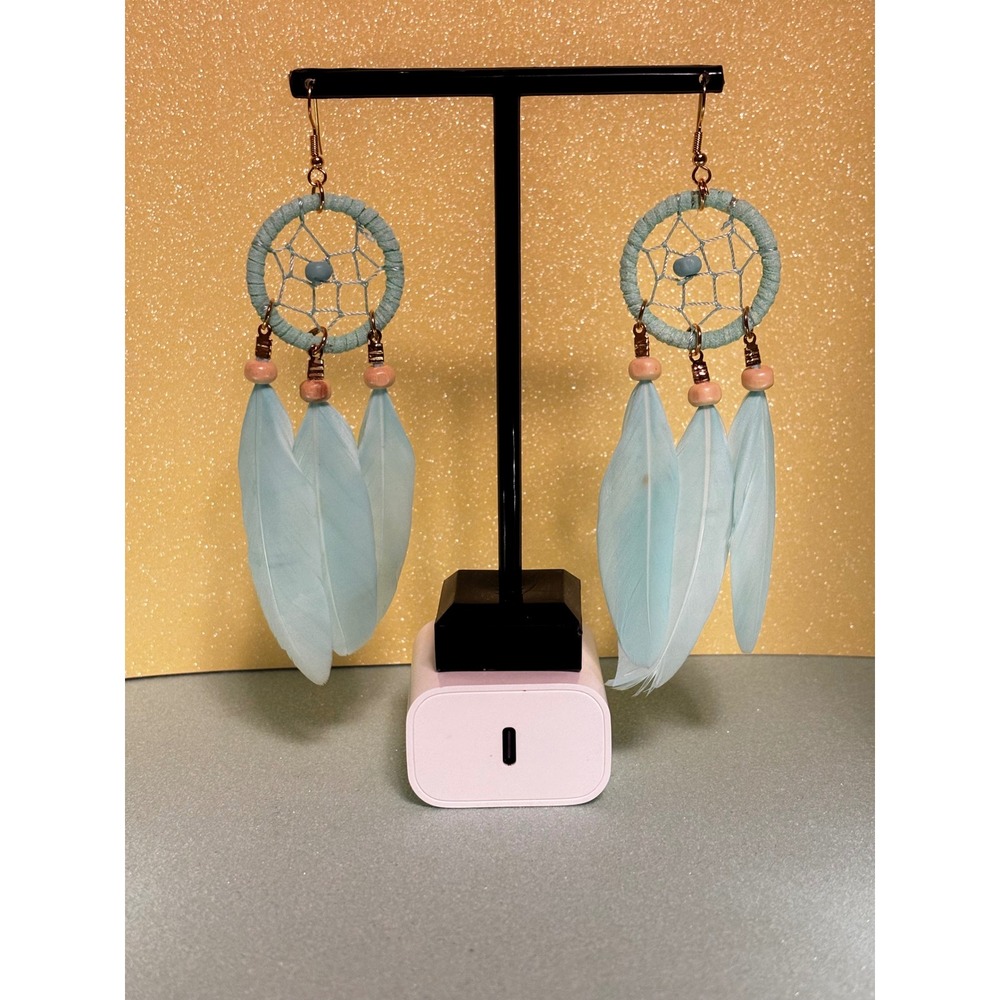 Womens Light Blue Dreamcatcher Feather Earrings Boho Wood Bead Drop Dangle Teal